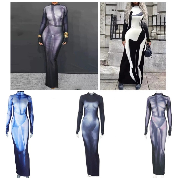 2025 Summer Sexy Super Long Dress Foreign Trade New Model Aliexpress Cross-Border New Product Mid-Collar Long-Sleeved Fashion Dress