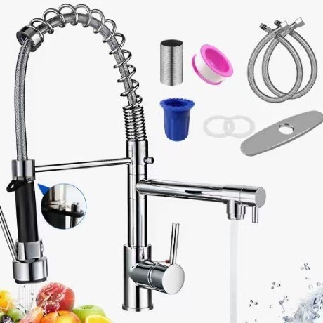 Grifo Extraíble de Cocina con Resorte de Acero Inoxidable, Agua Fría y Caliente, Giratorio