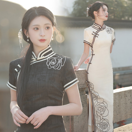 Tang chinese dresses retro oriental cheongsam qipao for women girls embroidered long acetate jacquard qipao dress daily catwalk show 