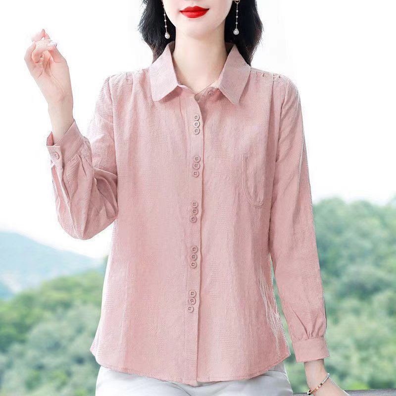 高端棉长袖衬衫女大码宽松洋气中年妈妈衬衣薄款外穿春秋上衣女|undefined