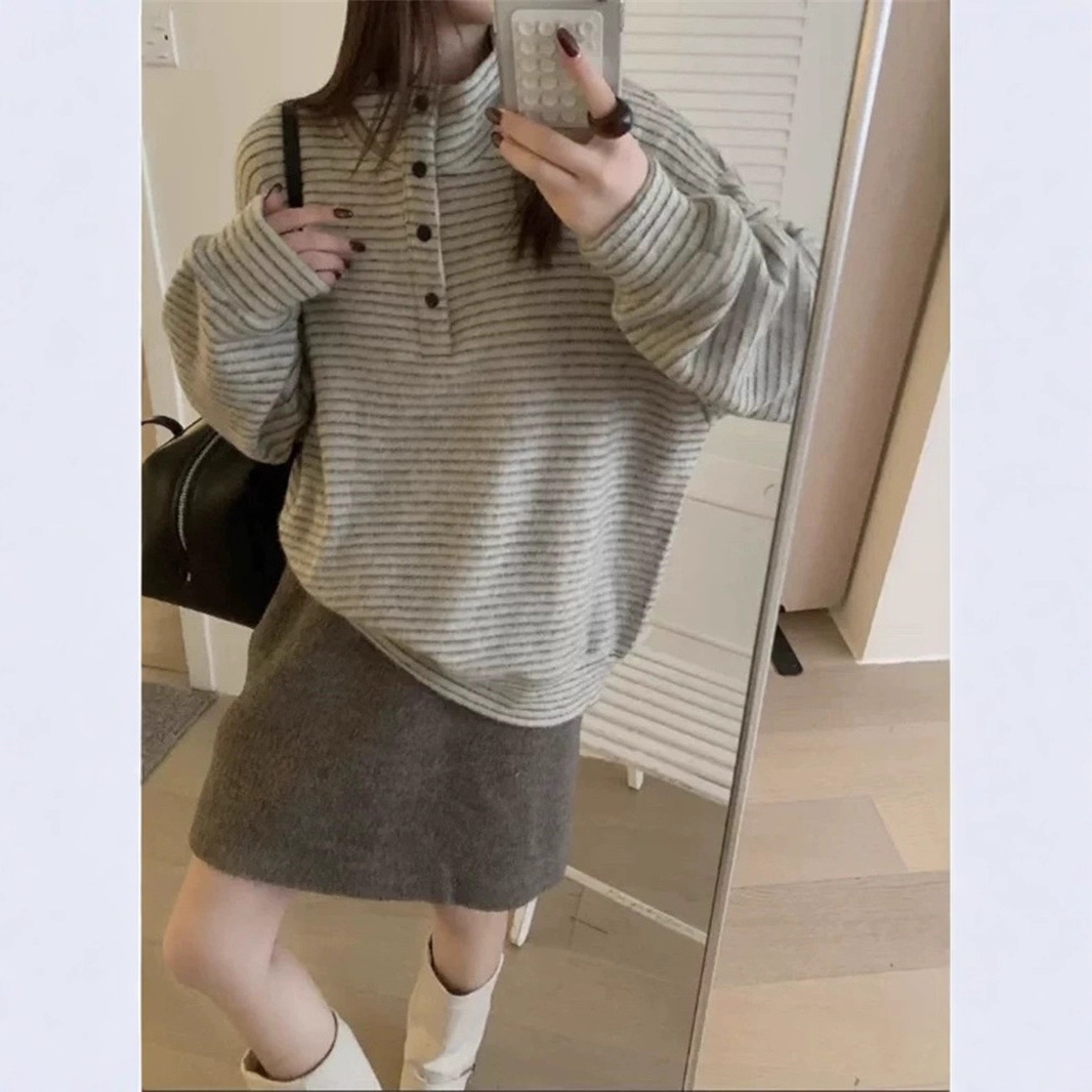秋冬仿兔毛绒条纹纽扣立领加厚大码女装卫衣跨境宽松上衣外套