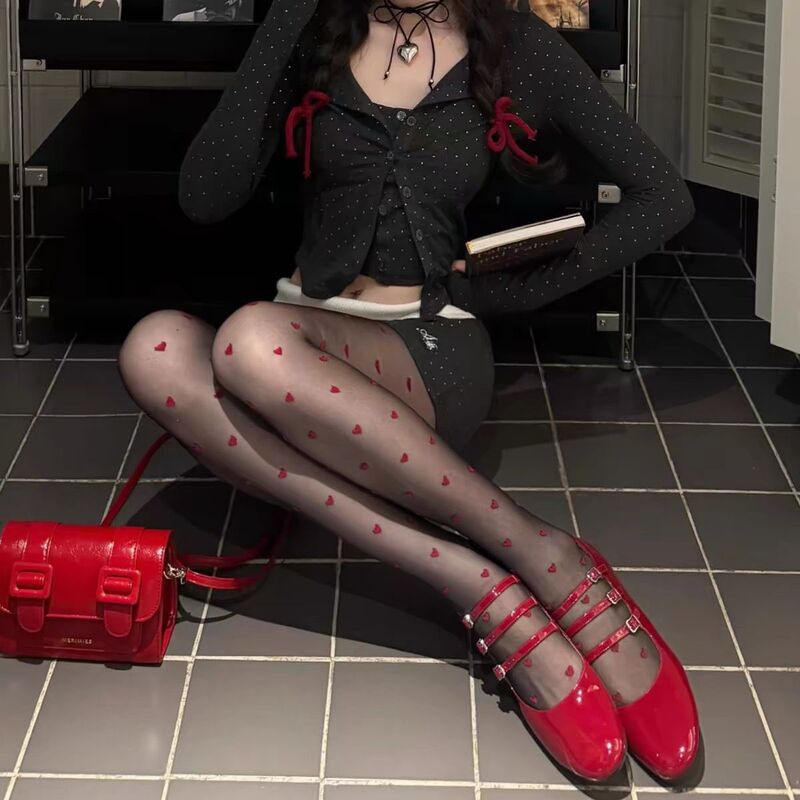 Pure Desire American Hot Girl Red Love Stockings Beautiful Legs Slim Sexy Black Silk Heart-Shaped Ultra-Thin Transparent Pantyhose for Women Pure Desire American Hot Girl Red Love Stockings Beautiful Legs Slim Sexy Black Silk Heart-Shaped Ultra-Thin Transparent Pantyhose for Women