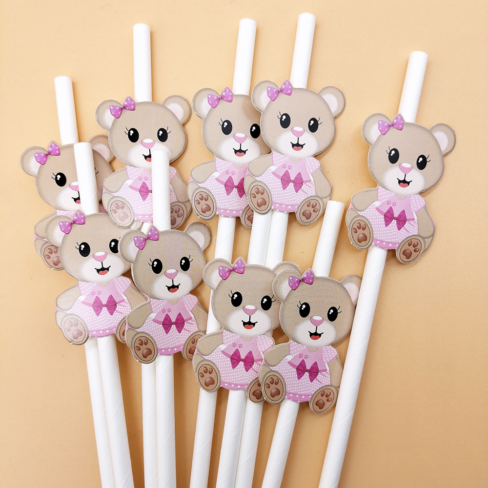 Oso Tarjeta de paja de papel decoración desechable degradable fiesta creativa paja postre leche té bebida paja