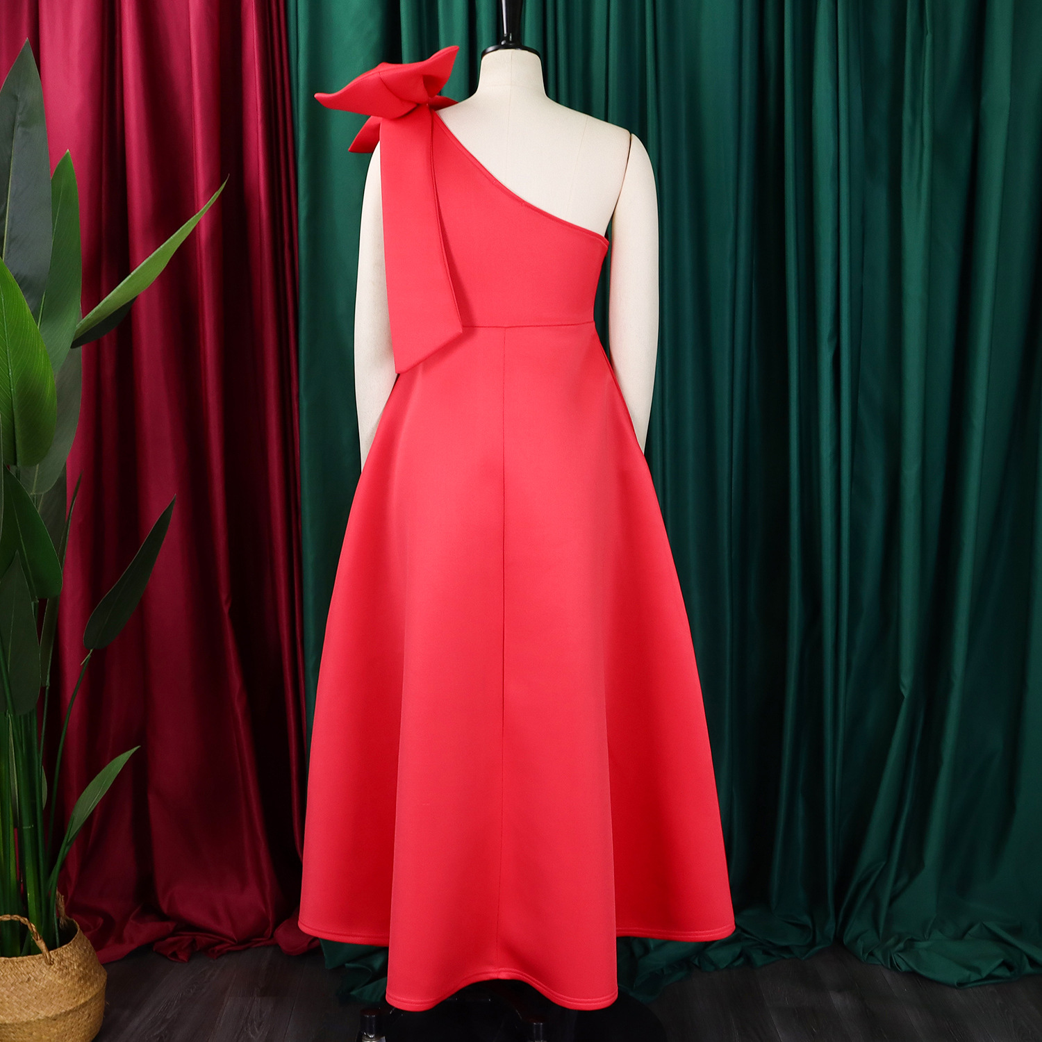 Women's One Shoulder Red Evening Dress With Bow, Elegant A-Line Maxi Gown For Wedding Guest, Prom & Formal Party_ecoleips.com