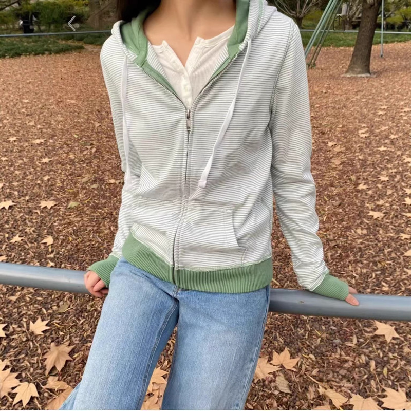 Bm New Green Striped Hooded Zip-Up Sweatshirt with Squirrel Pocket Versatile Casual Cardigan Long-Sleeve Jacket Top Bm New Green Striped Hooded Zip-Up Sweatshirt with Squirrel Pocket Versatile Casual Cardigan Long-Sleeve Jacket Top