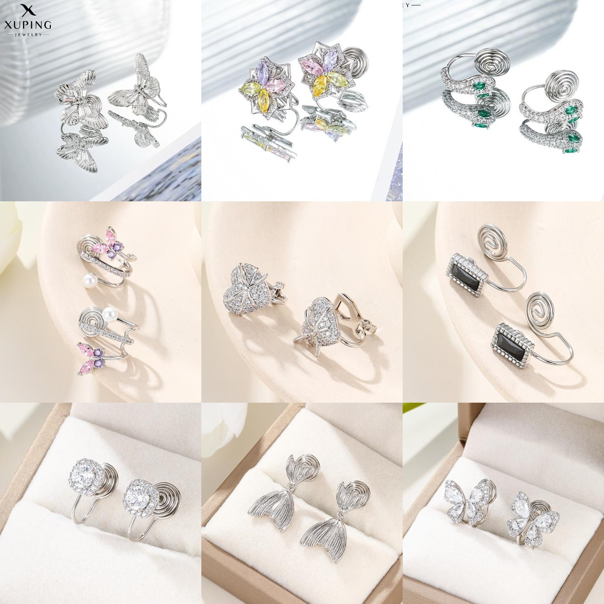Pendientes de clip Xuping de aleación de cobre con baño de plata, diseño elegante y exclusivo, aretes graciosos y dinámicos para mujeres sin perforaciones en las orejas.
