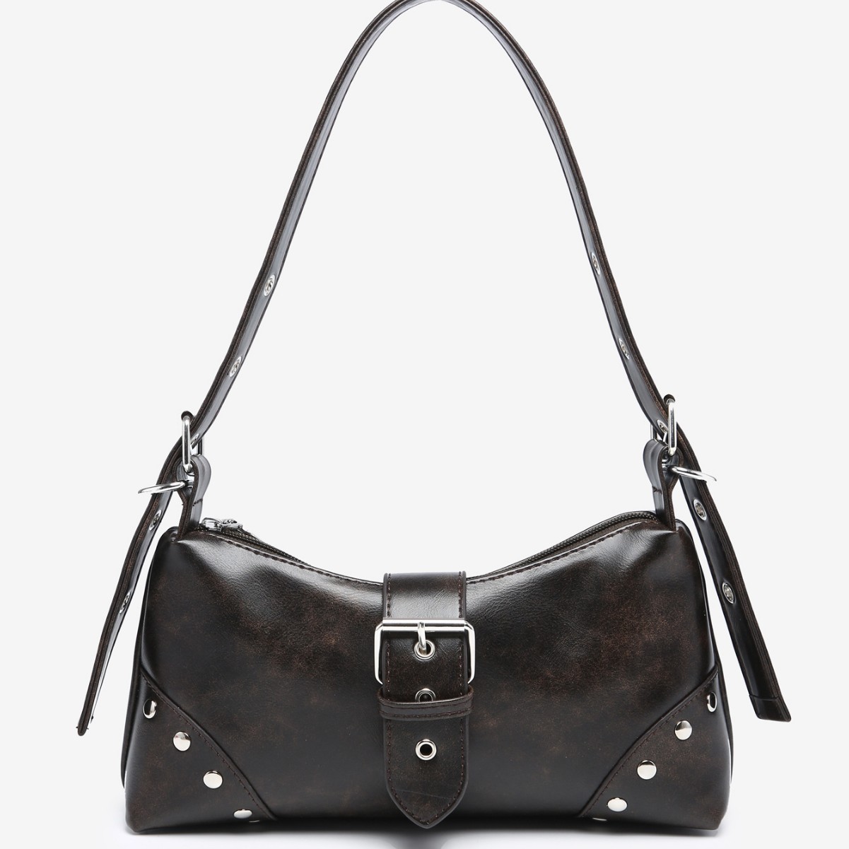 Women’s Vintage Maillard Distressed PU Leather Biker Baguette Underarm Shoulder Bag with Stud and Pin Buckle Detail - Thumbnail 5