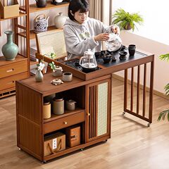ティーキャビネット、モバイルティーテーブル、新しい中国風の家庭用小型ティーテーブル、バルコニー無垢材ティーカート、ケトル、一体型ソファサイドテーブル