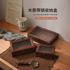 木製収納ボックス、海棠の花柄ガラス蓋付き、鍵付き卓上収納ボックス、長方形無垢材ジュエリーボックス