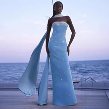 新款跨境女装绷带连衣裙性感抹胸镶钻优雅名媛风欧美连衣裙晚礼服