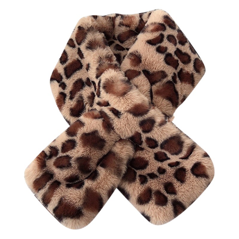 Bufanda Cruzada de Peluche Térmica Imitación Piel de Conejo con Estampado de Leopardo para Invierno
