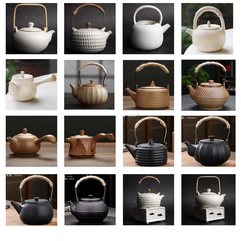 Teapot with Handle for Stove Brewing, Japanese-Style Cream-Colored Hammered Teapot Tea Set for Outdoor and Home Use, Suitable for Warming Tea over Open Flame