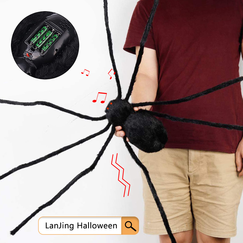 Cross-border Halloween eléctrico negro gran araña 125cm control de voz vibración luz araña Halloween horror decoración araña