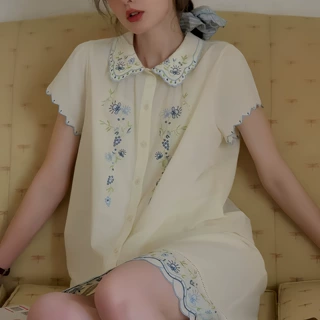 SimpleRetr 铃兰花镜 精纺60支全棉法式娃娃领彩色割边绣套装裙子