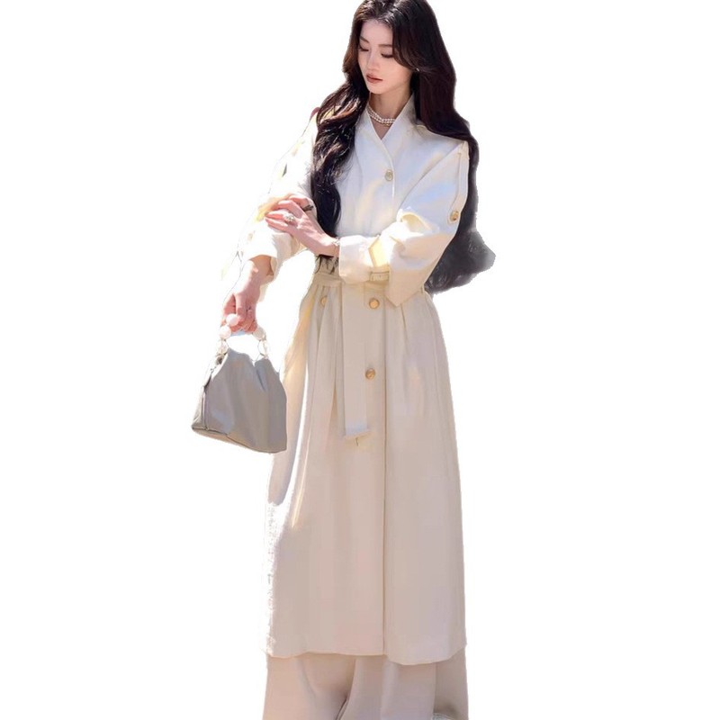 早秋穿搭巨好看风衣女2025新款高个子亚麻双排扣肩带长款大衣外套|undefined