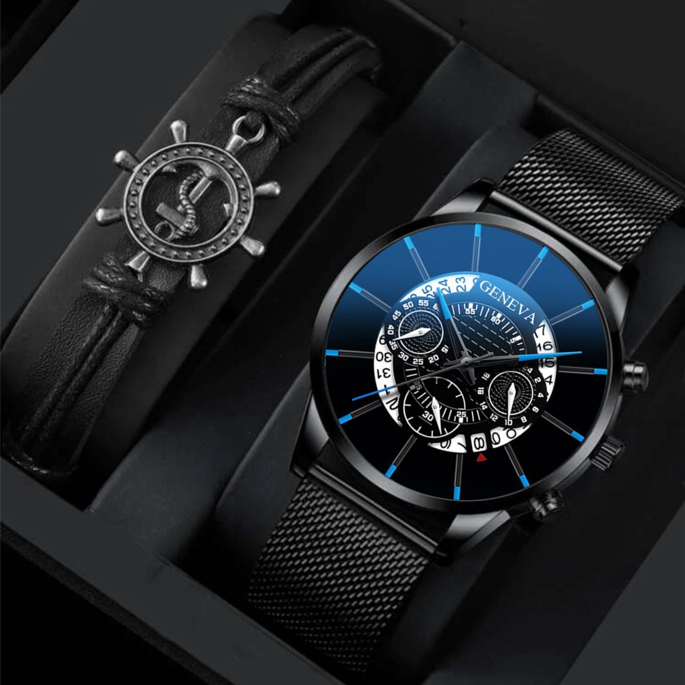 Orologio da uomo popolare di vendita calda con cinturino in maglia con calendario, orologio da polso al quarzo a tre occhi, elegante e di alta qualità_voghion.com