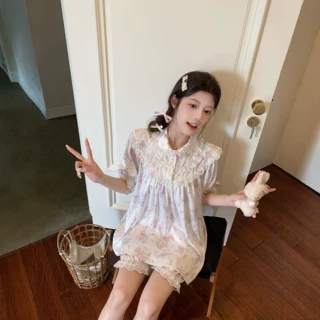 夏韩系清新碎花蕾丝娃娃领睡衣女短袖短裤可爱家居服可外穿套装