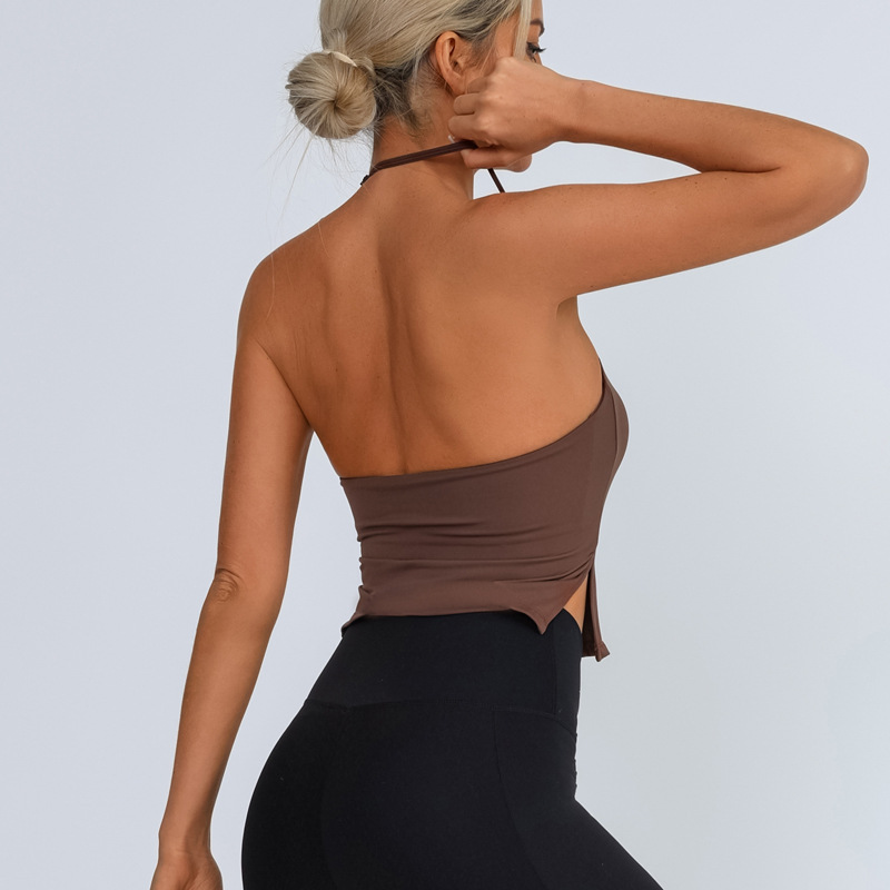Chaleco de yoga transfronterizo para mujeres cuello colgante con cojín de pecho ajustable, secado rápido desnudo, eslingas deportivas en stock