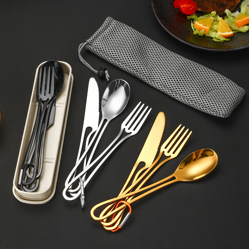 Transfronterizo nuevo cuchillo de acero inoxidable 410, tenedor y cuchara de tres piezas de viaje al aire libre camping portátil vajilla traje vajilla occidental