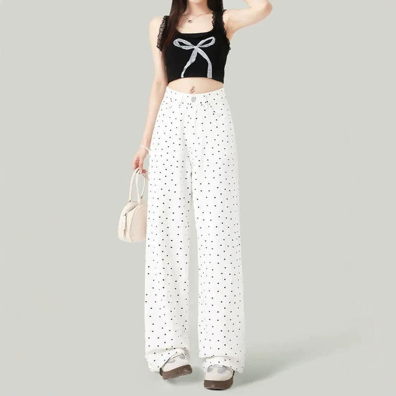 2026 Vintage Summer White Floral Polka Dot Jeans for Women, Loose Fit, Slimming, High Waist, Straight Wide Leg, Floor-Length Pants 2026 Vintage Summer White Floral Polka Dot Jeans for Women, Loose Fit, Slimming, High Waist, Straight Wide Leg, Floor-Length Pants