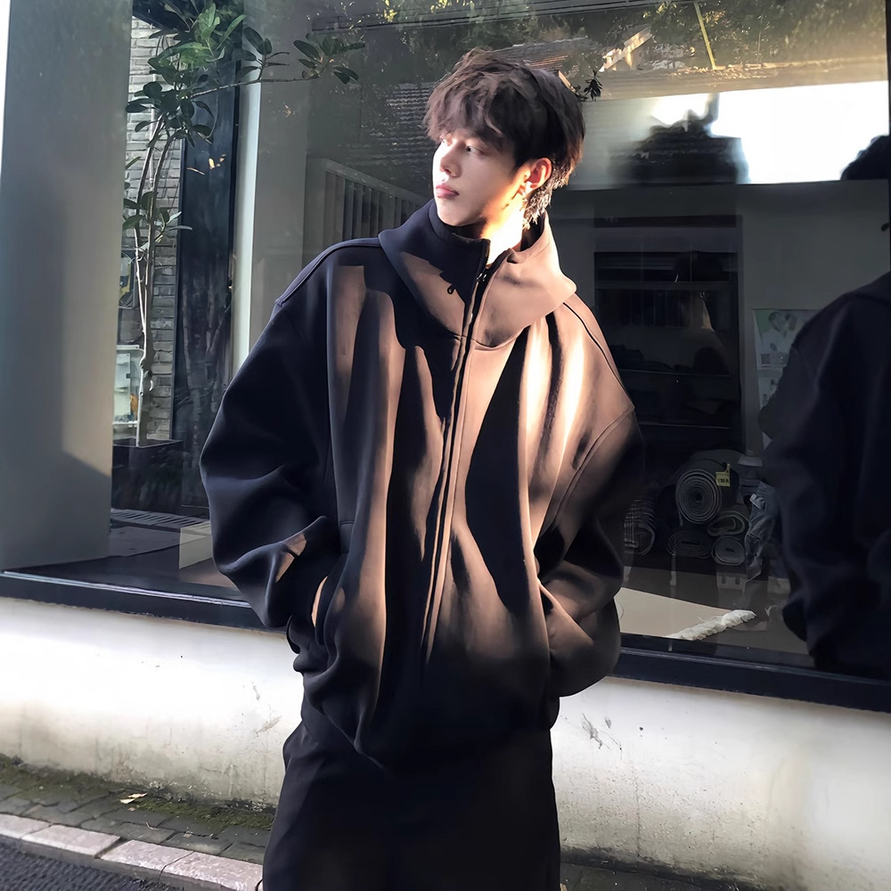 Black high neck hooded cardigan sweatshirt for men, autumn and winter, with plush heavy weight, stiff and thick jacket_voghion.com