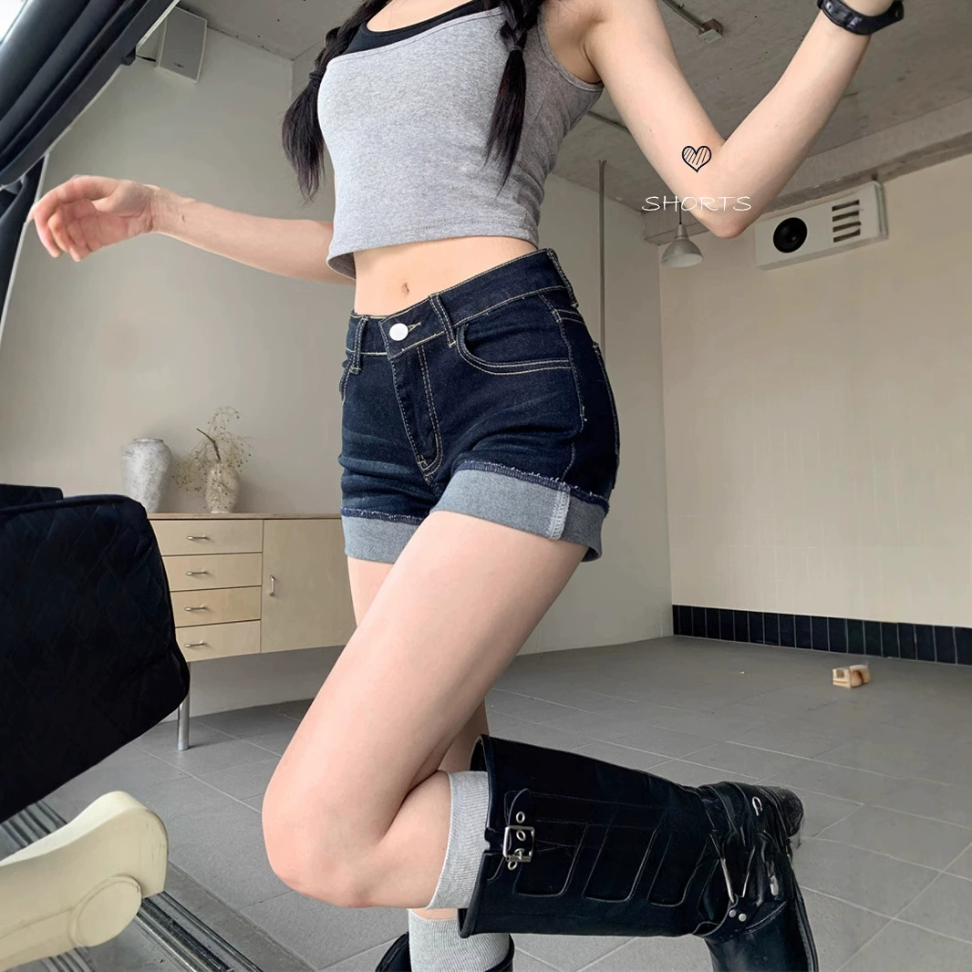Американские сексуальные супершорты с высокой талией для горячих девушек, джинсы, женские летние темно-синие дизайнерские шорты с завитками