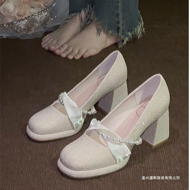 Dopamine Flash High Heels 2025 New Wedding Mary Jane Women's Shoes Bride Bridesmaid French Style Chunky Heel Fashion Single Shoes