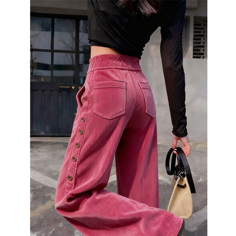 Early Spring and Autumn New Korean Style High-Waisted Slimming Retro Simple Side-Button Corduroy Popular Wide-Leg Pants High-Waisted Slimming Early Spring and Autumn New Korean Style High-Waisted Slimming Retro Simple Side-Button Corduroy Popular Wide-Leg Pants High-Waisted Slimming