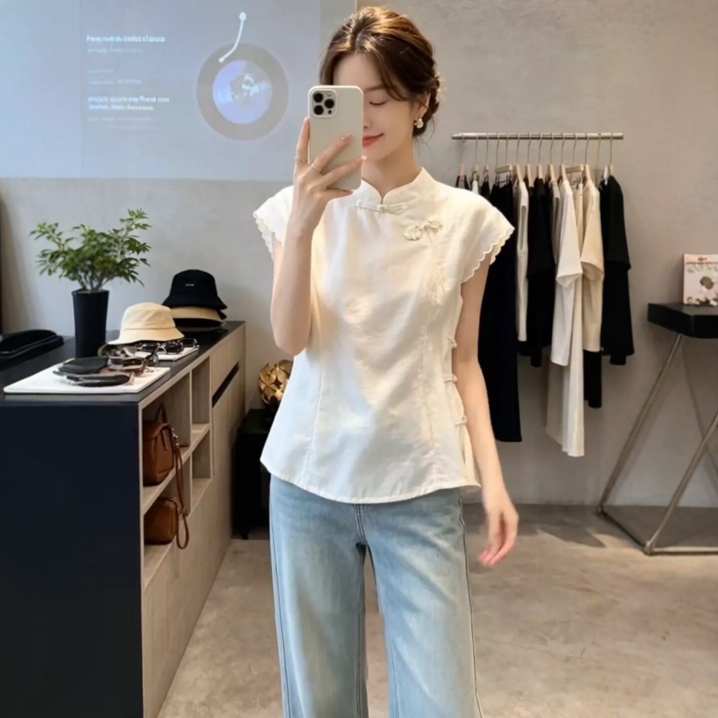 Áo sơ mi nữ tay ngắn cổ xẻ tà phối khuy cài kiểu Trung Quốc mới — màu trắng ngà chi tiết 5