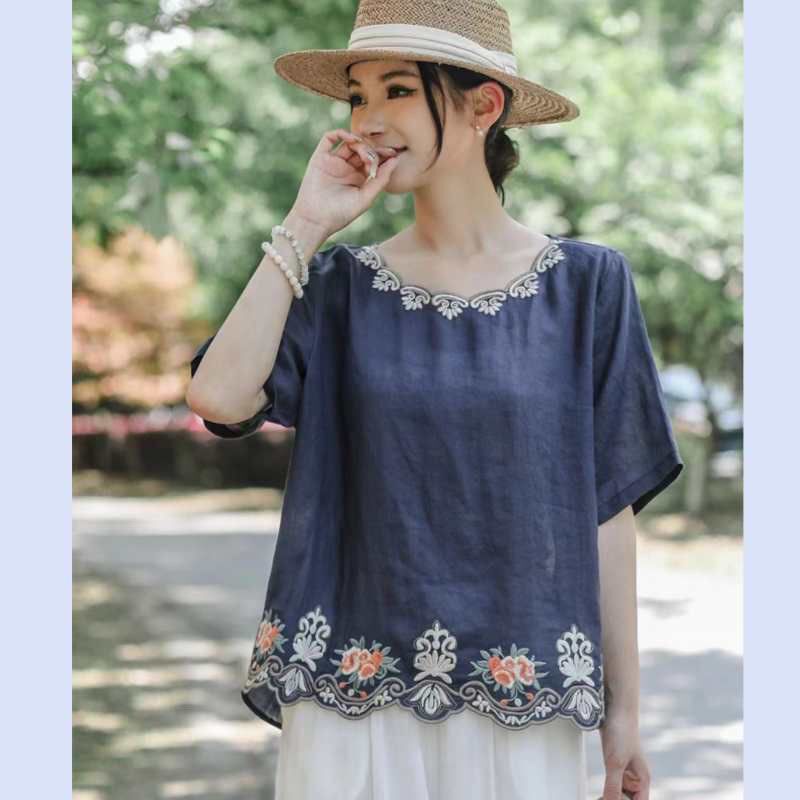 Dopamine Cotton-Linen Ethnic Style Embroidered Short-Sleeve Top, Exquisite Bohemian Loose T-Shirt, Loose and Slimming