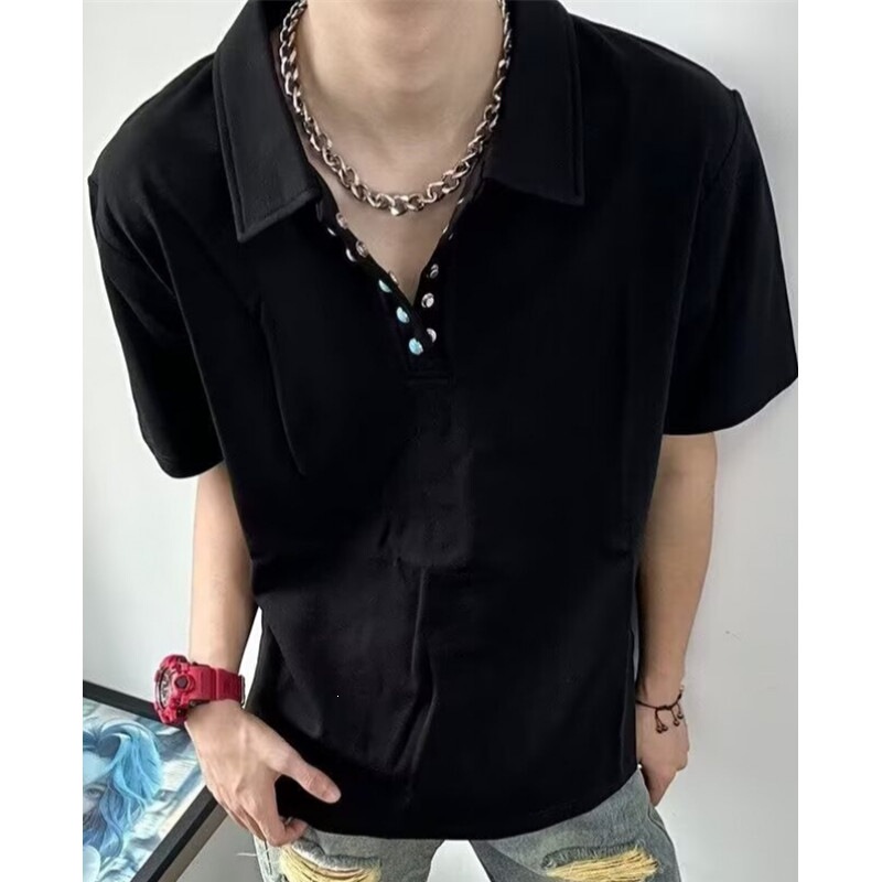 American Retro Lapel Turquoise Polo Shirt Men's Short-Sleeved Summer Loose College Style Casual Top Trendy