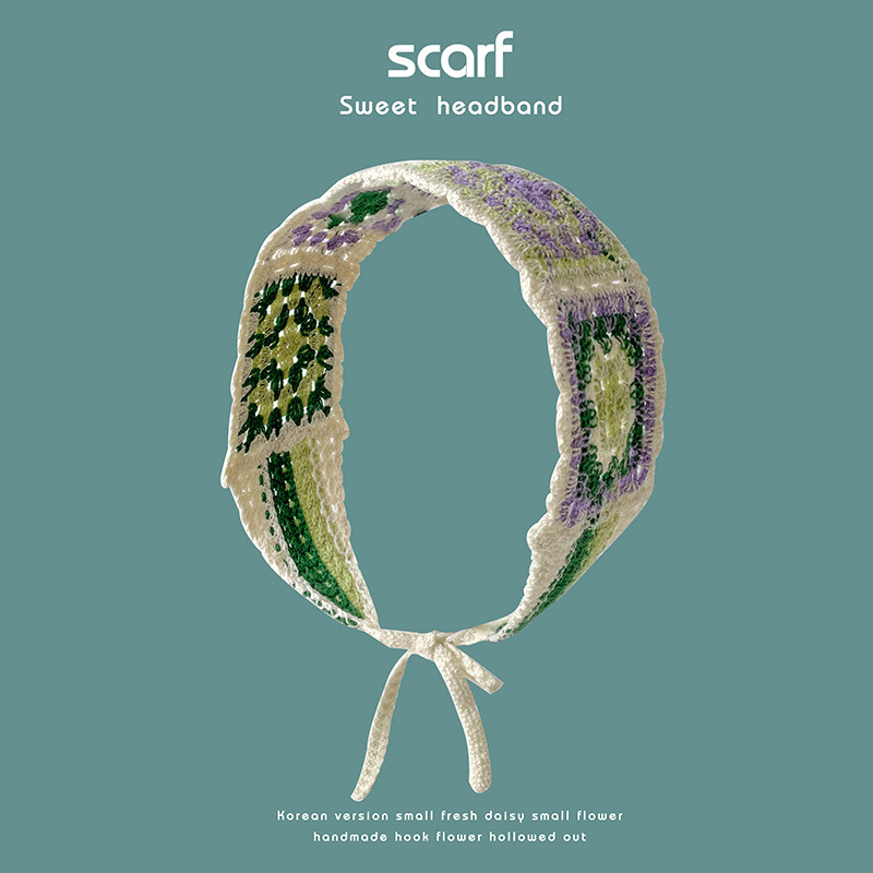 Nuevo colorido estilo étnico hecho a mano de ganchillo tejido banda de pelo de ala ancha estilo pastoral retro de las mujeres banda de pelo bolsa pañuelo sombrero