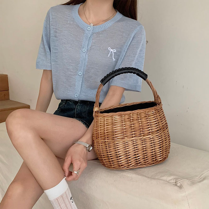 夏季新款短袖针织开衫女上衣设计感小众百搭圆领薄款条纹纯色显瘦