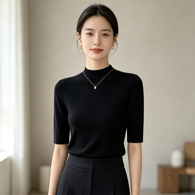 Solid color half-high collar, three-quarter sleeve knit sweater in black, stretchy slim-fit design, women's business casual pullover Solid color half-high collar, three-quarter sleeve knit sweater in black, stretchy slim-fit design, women's business casual pullover