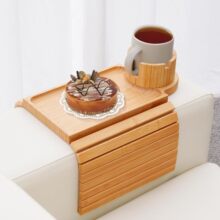 竹制沙发夹边桌带 360° 杯架沙发杯架托盘3 合 1 沙发扶手桌