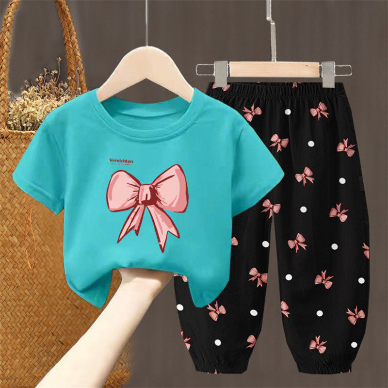 子供服女の子夏のリボンスーツ新しいスタイルファッショナブルな花のファッショナブルな夏服女の子シングル/ツーピース|undefined