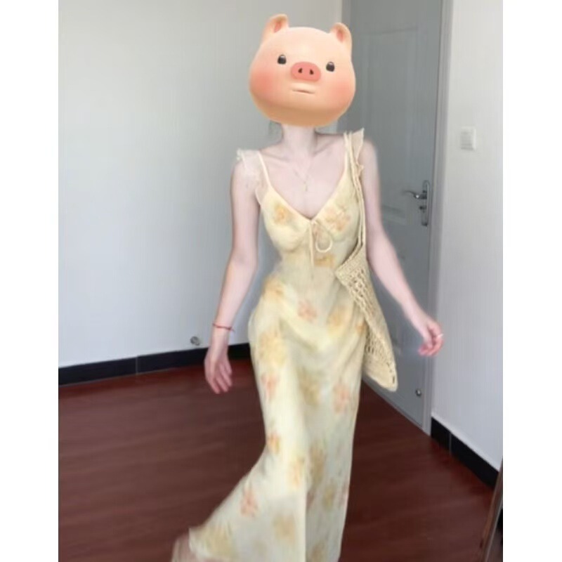 French High-End V-Neck Floral Suspender Dress for Women 2025 Summer New Style Waist Slimming Look Ruffled Long Skirt