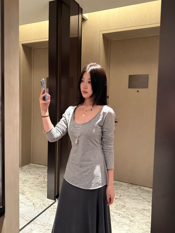 FOX ROOM 休闲卷边长袖T恤2025秋季新款宽松百搭U领纯色上衣Y128|undefined