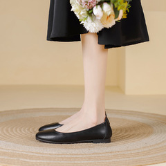 真皮工作鞋女秋冬黑色圓頭舒適軟底平底鞋久站不累腳小皮鞋上班女