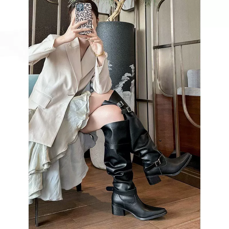 长筒靴 裤管靴女2025新款粗跟黑色不过膝堆堆靴大筒围骑士靴