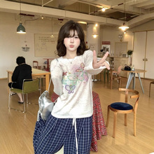 工厂现货 韩系彩色蝴蝶印花长袖圆领T恤女装松弛宽松防晒罩衫上衣