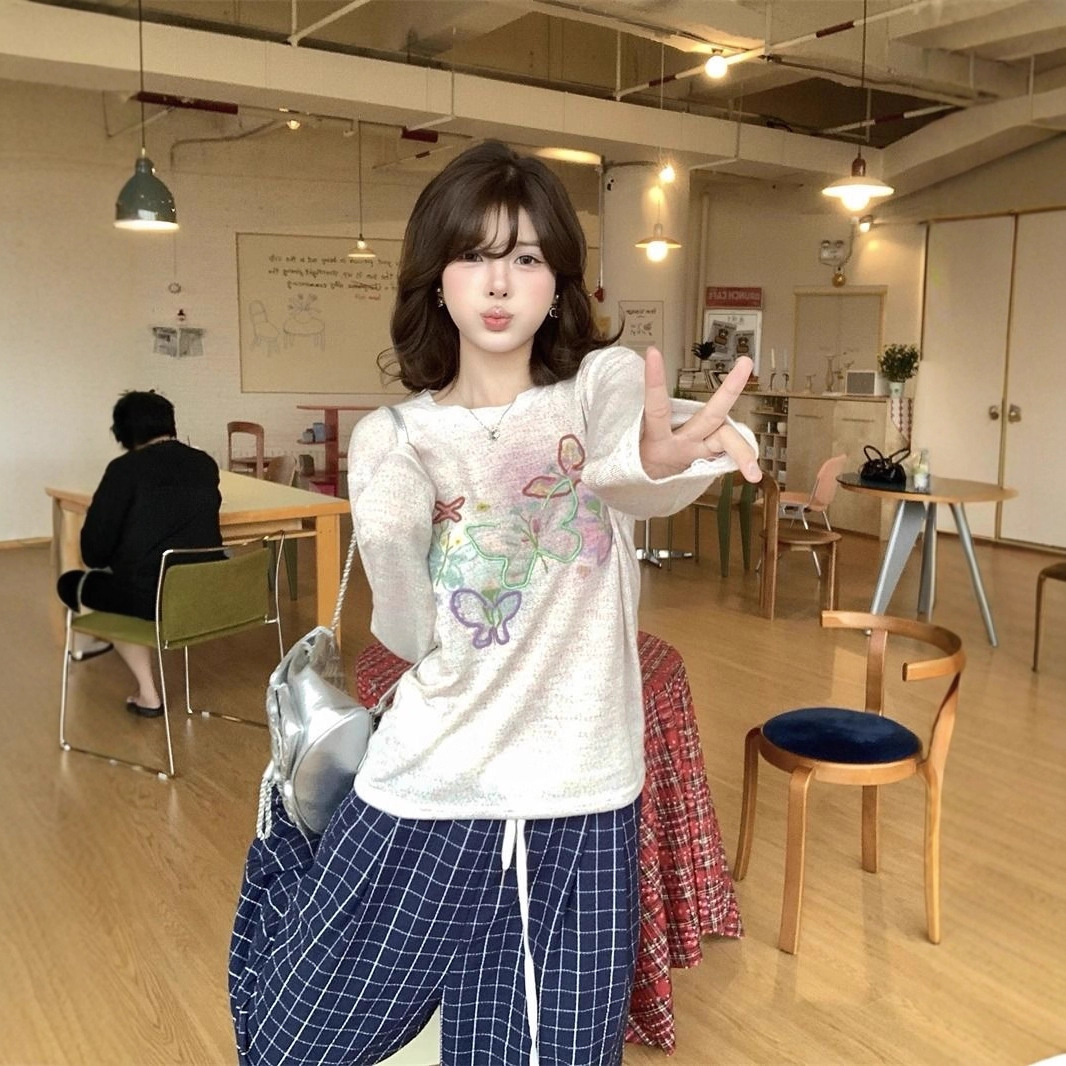 工厂现货 韩系彩色蝴蝶印花长袖圆领T恤女装松弛宽松防晒罩衫上衣
