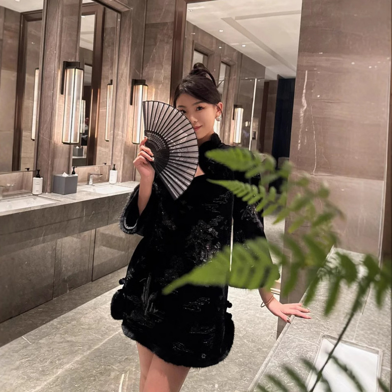 [Special Offer] 2026 Improved Black Velvet Cheongsam Dress with High-End Sequin Embroidery