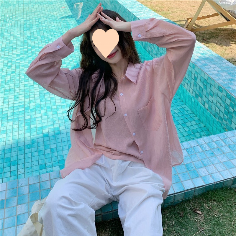 フランスのシフォンの日焼けシャツの女性の夏のシフォンの薄いタイプのシャツのゆったりしている版の抗シワの長袖の日焼けの上着のコート|undefined