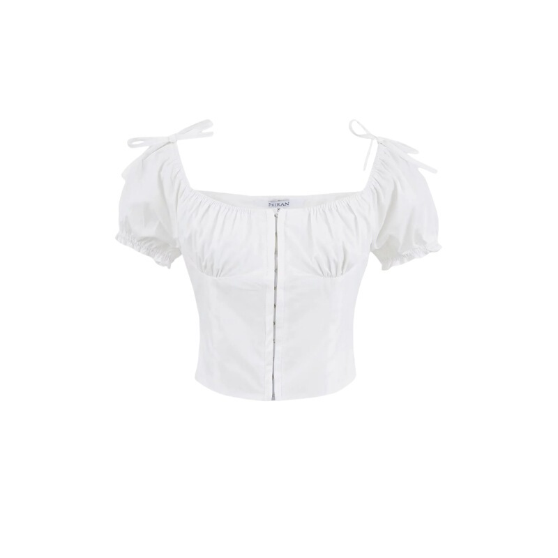 French Style Square Collar Bubble Sleeve Shoulder Lace-up Short-sleeved Top Women's Front Buckle Slim-fit Short Navel Hot Girl Shirt