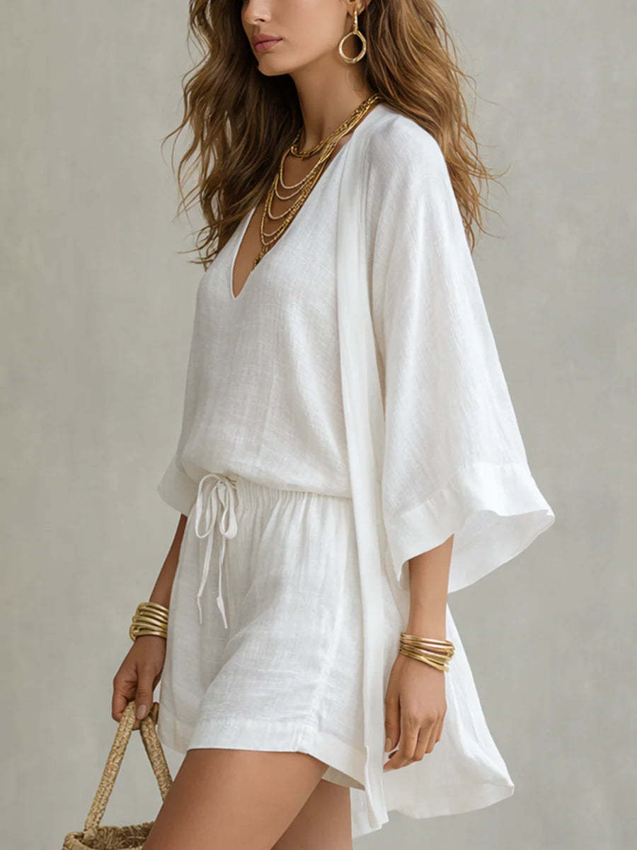 Women's Summer Casual Three Piece Set Loose Cotton Linen mid Length Cardigan Sleeveless Vest Shorts_ecoleips.com