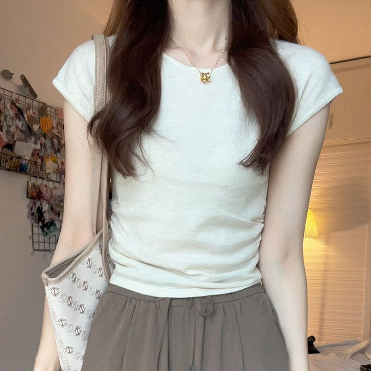 Korean-Style Straight-Shoulder Short-Sleeve T-Shirt for Women, Summer Ice Silk Knit Top, Slim-Fit, Flattering, Short-Length, Trendy White Top