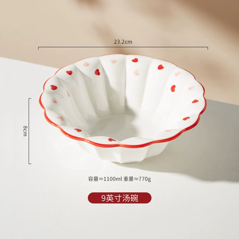 Ceramic tableware set, Chinese‑style capacious soup bowls and plates, red heart rim, multiple sizes