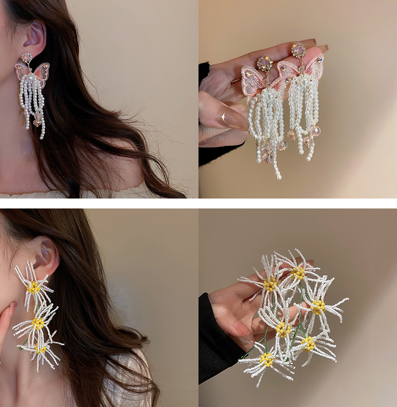 Sweet Flower Bow Knot Copper Artificial Rhinestones Artificial Pearls Drop Earrings 1 Pair