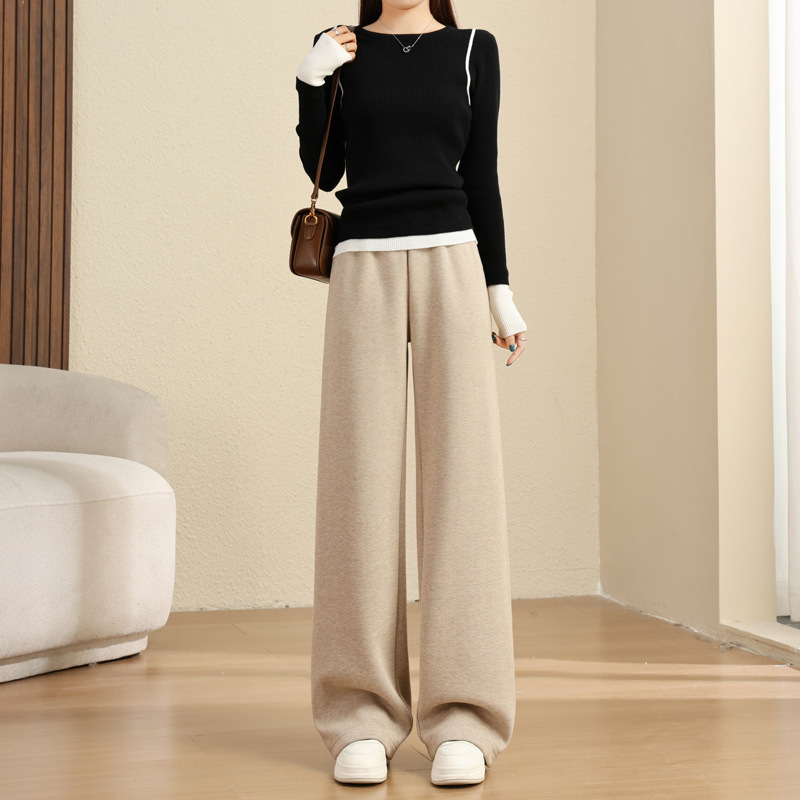 Wide-Leg Pants for Women Spring, Autumn and Winter 2025 New Woolen Narrow Version Fleece-Lined Straight Sports Pants 879